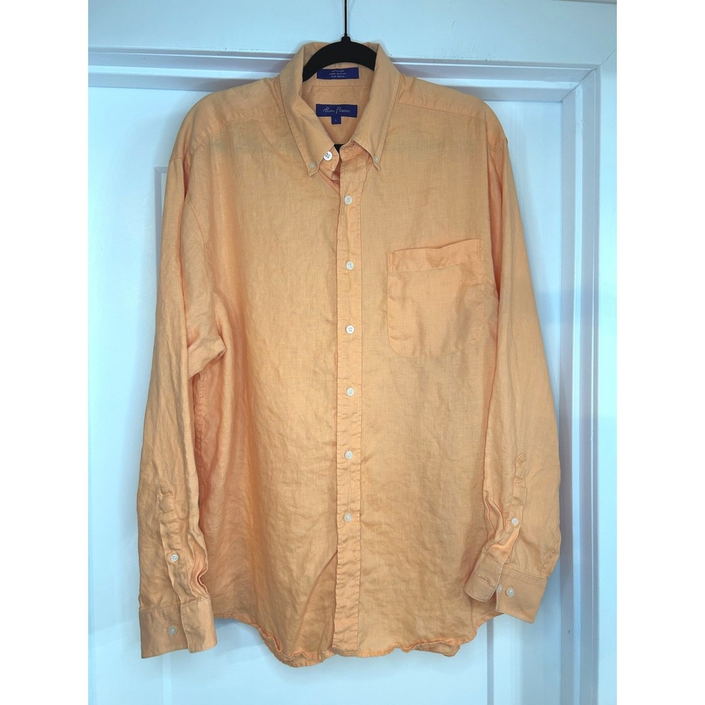 Alan Flusser Mens Linen Button Down Shirt Large Peach Orange Long Sleeve Pocket